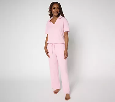 MUK LUKS Rib Knit Short Sleeve Collared Lounge Set