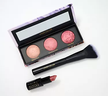 Laura Geller Blush Palette Lipstick and Brush 3-Piece Set