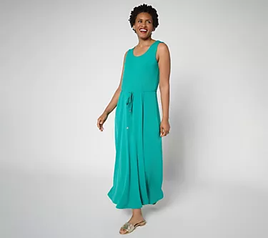 Susan Graver Regular Liquid Knit Belted Scoop Neck Maxi Dress