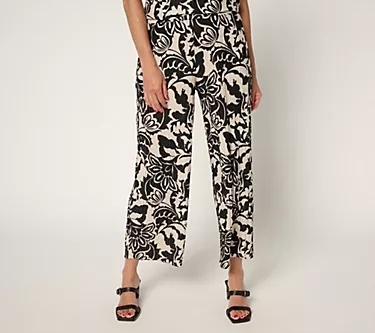Susan Graver Petite Printed Pleated Knit Wide-Leg Crop Pants