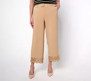 Isaac Mizrahi Live! Petite Crepe Wide Leg Crop Pants with Lace Trim