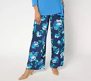 Susan Graver Printed Satin Twill Petite Wide Leg Pull On Pants