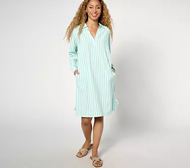 Denim & Co. Beach Petite Striped Quick Dry Cover Up Dress with Ties