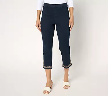 Susan Graver Regular Soft Stretch Embroidered Hem Crop Jeans