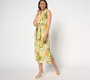 Denim & Co. Naturals Regular Printed Linen Blend Midi Dress