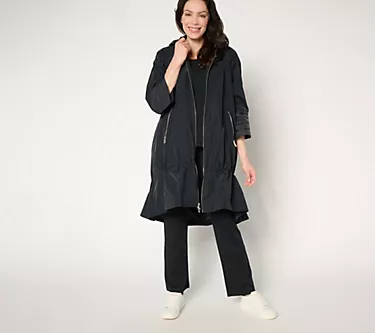 LOGO by Lori Goldstein Petite Long Zip Front Jacket w/ Hood