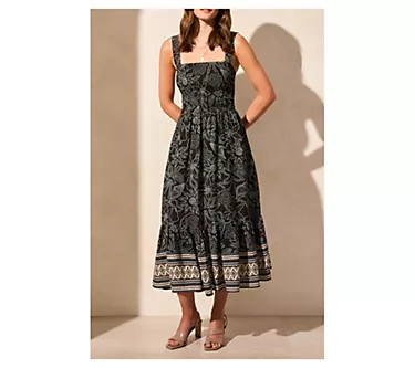 Tribal Printed Crepe Ruched Square Neck Sleeveless Dress