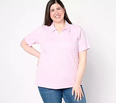 Denim & Co. Essentials Textured Knit Short Sleeve V-Neck Polo Top