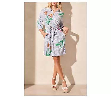 Tribal Water Print Tie-Waist Shirt Dress With Pockets