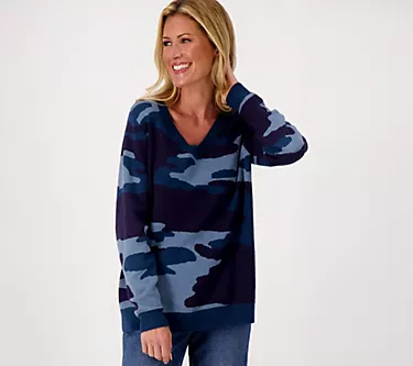 Belle by Kim Gravel Oversized Camo Intarsia V-Neck Sweater