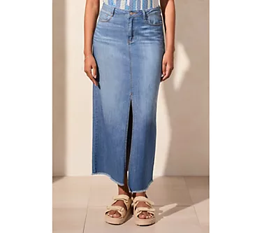 Tribal Full Length Slit-Accent Denim Skirt