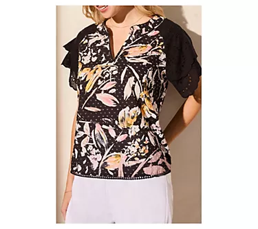 Tribal Printed Poplin Eyelet Flutter-Sleeve Blouse