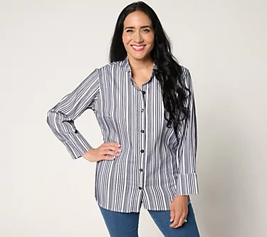 Joan Rivers Stretch Woven Textured Stripe Button-Front Shirt