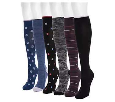 MUK LUKS Women's Nylon Compression Knee-High Sock Set - 6 Pair