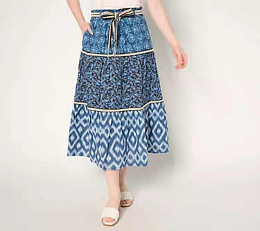 Susan Graver PURE Petite Printed Cotton Tiered Skirt with Belt